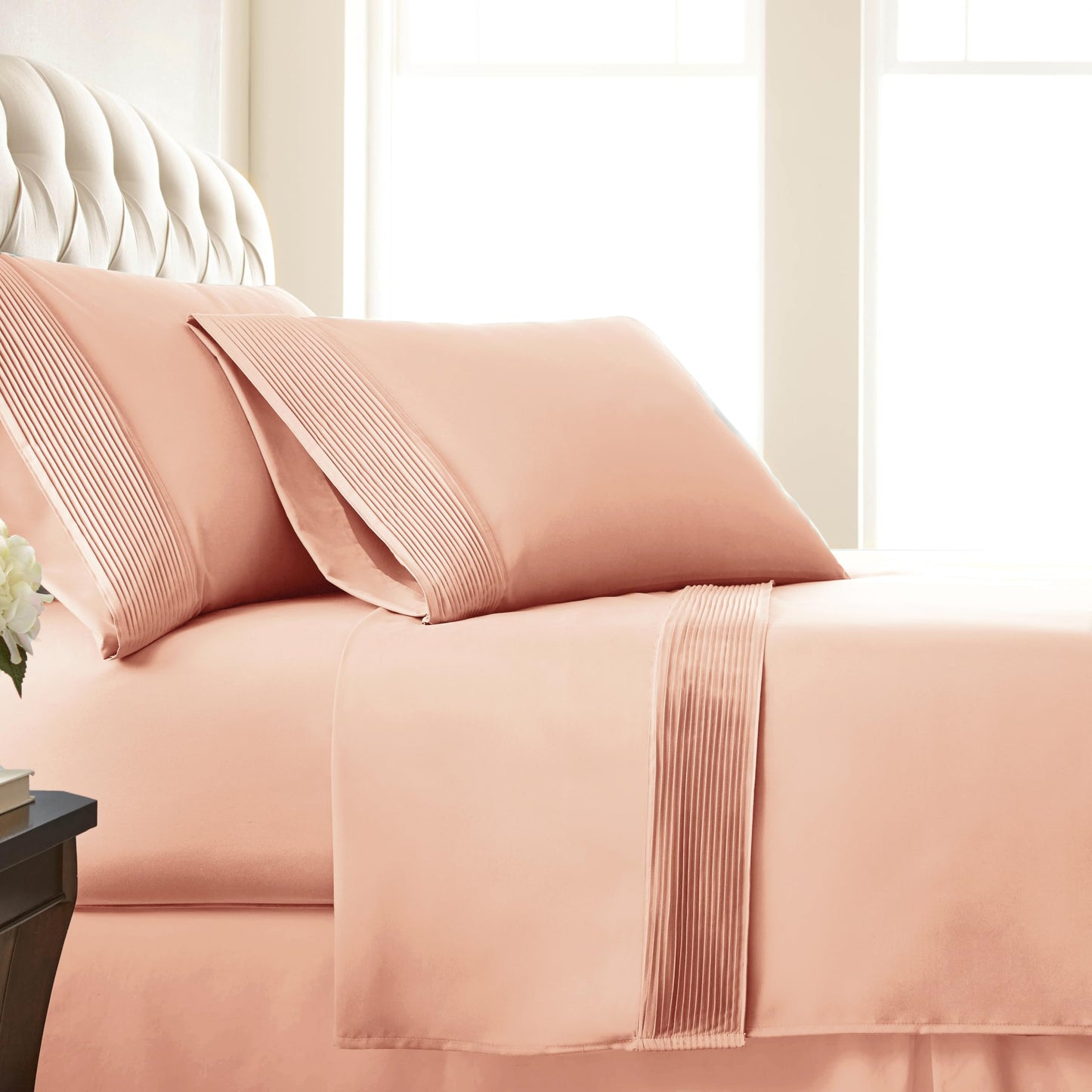 Southshore Fine Living Inc. King Size Pleated Sheets Set 4-Piece 21" Extra Deep Pocket Sheets King Size | Flat Sheet Fitted Sheet 2 King Pillowcases | Easy Care Microfiber Bedsheets | Blush