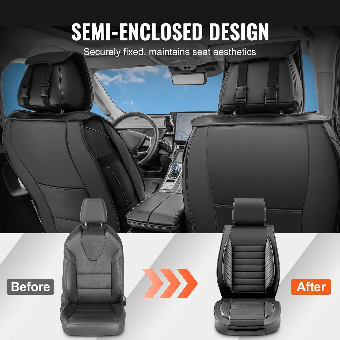 Seat Covers, Universal Car Seat Covers Front Seats, 2pcs Faux Leather Seat Cover, Semi-enclosed Design, Detachable Headrest And Airbag Compatible, For Most Cars SUVs And Trucks Black