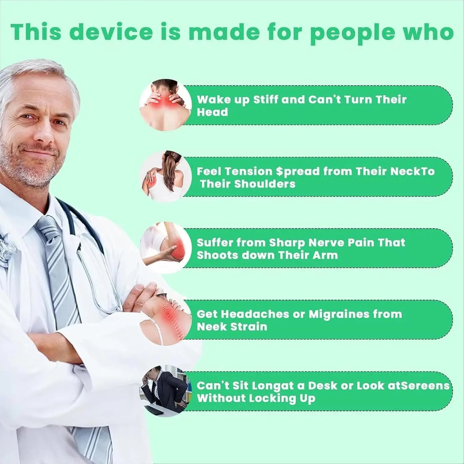 Smart U-Shaped Electronic Pulse Massager for Neck & Shoulder EMS TENS device benefits infographic for tension relief.