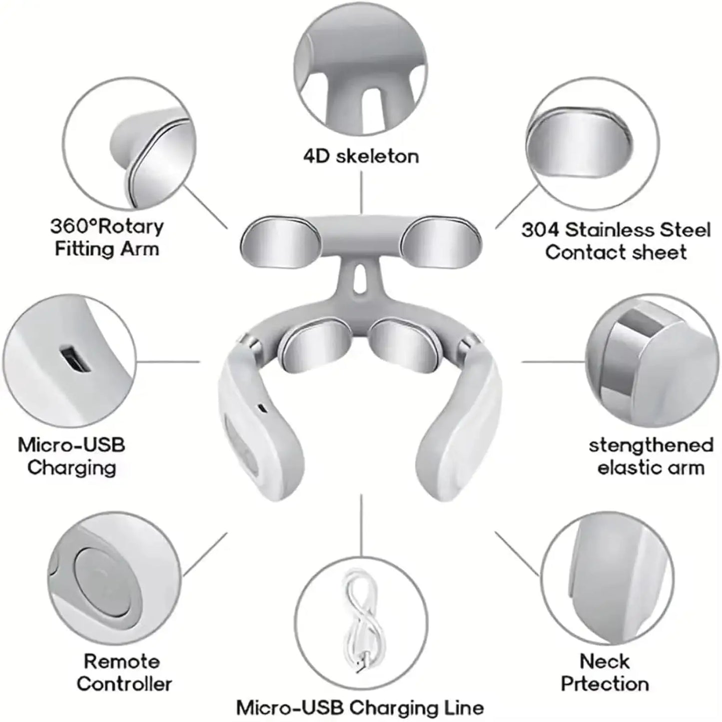 Smart U-Shaped Electronic Pulse Massager for Neck & Shoulder EMS TENS features 360° rotary arm and remote controller.