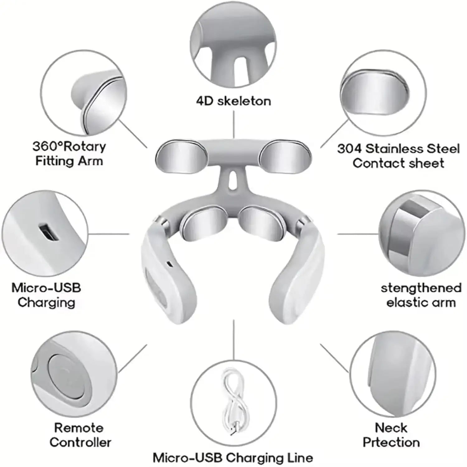 Smart U-Shaped Electronic Pulse Massager for Neck & Shoulder EMS TENS features 360° rotary arm and remote controller.
