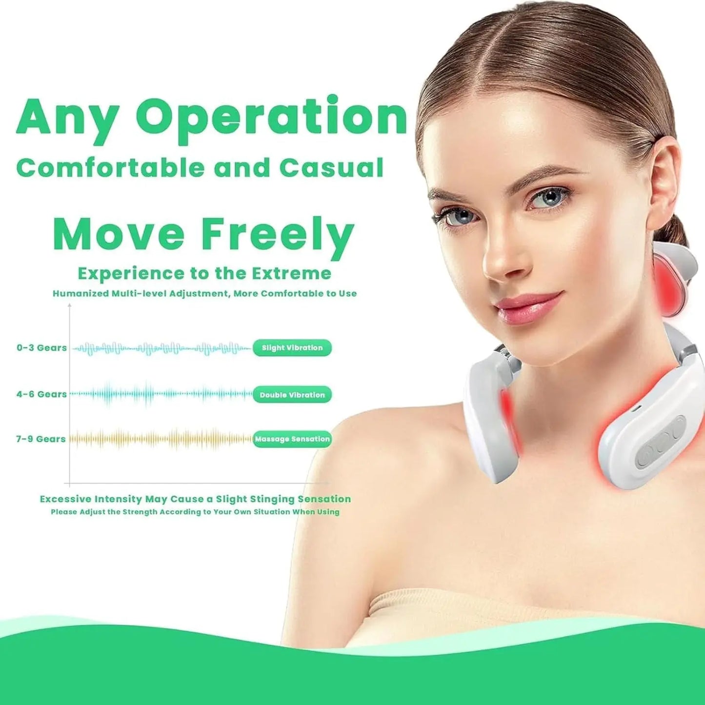 Smart U-Shaped Electronic Pulse Massager for Neck & Shoulder EMS TENS shown in use with adjustable settings.