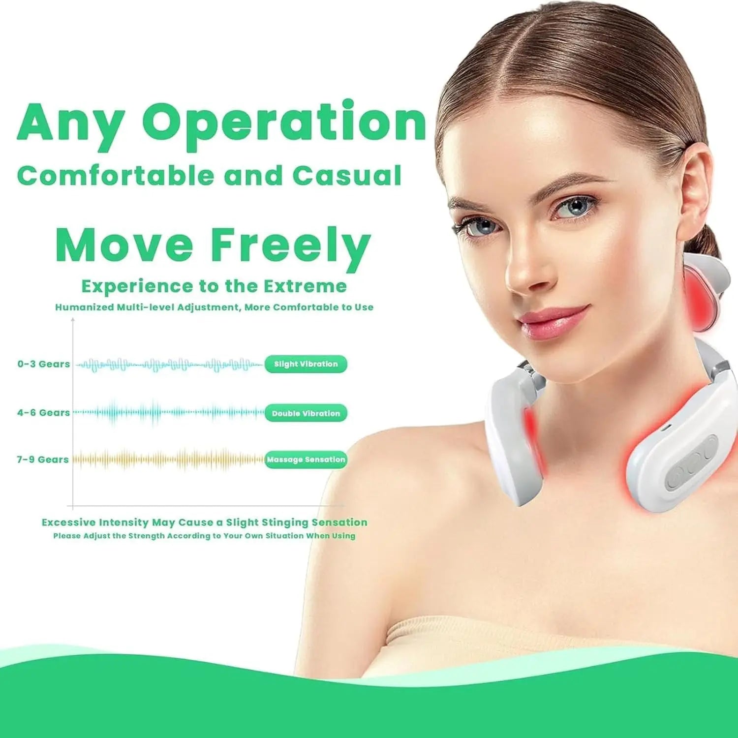 Smart U-Shaped Electronic Pulse Massager for Neck & Shoulder EMS TENS shown in use with adjustable settings.