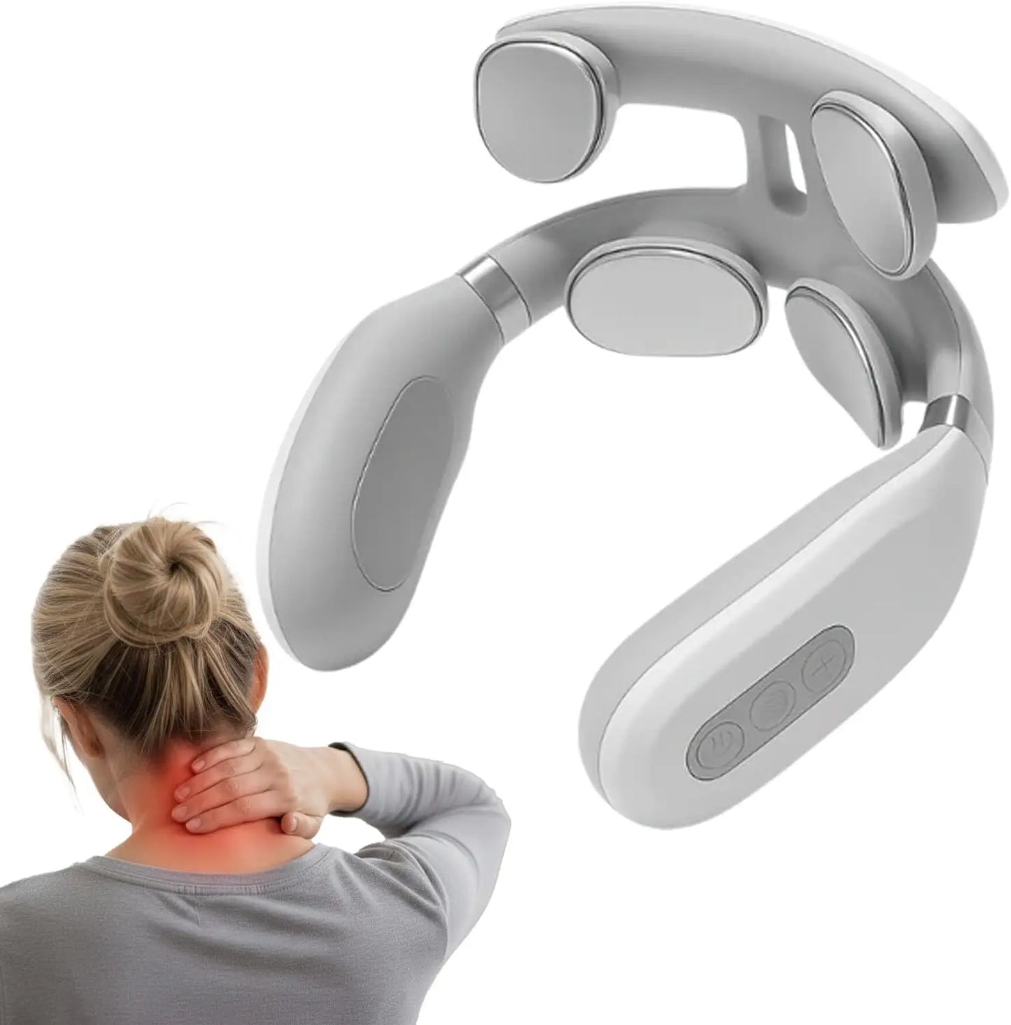 Smart U-Shaped Electronic Pulse Massager for Neck & Shoulder EMS TENS in use on a person's neck